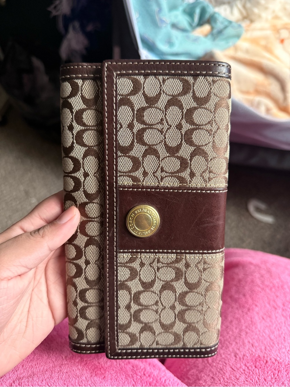Coach Signature Canvas Wallet in Brown and Beige